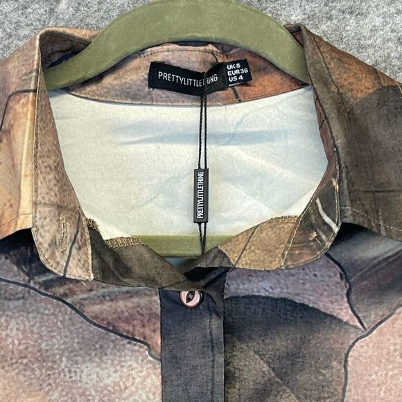 NWT PrettyLittleThing Top Women's 4 Beige Abstract Button Down Oversized Shirt - Picture 3 of 16